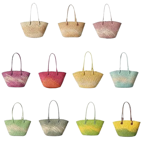 sacs de plage en paille jaune vert bleu rose orange