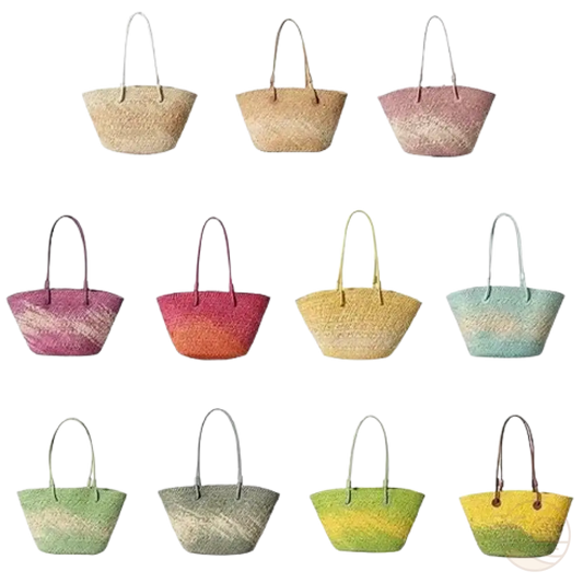 sacs de plage en paille jaune vert bleu rose orange