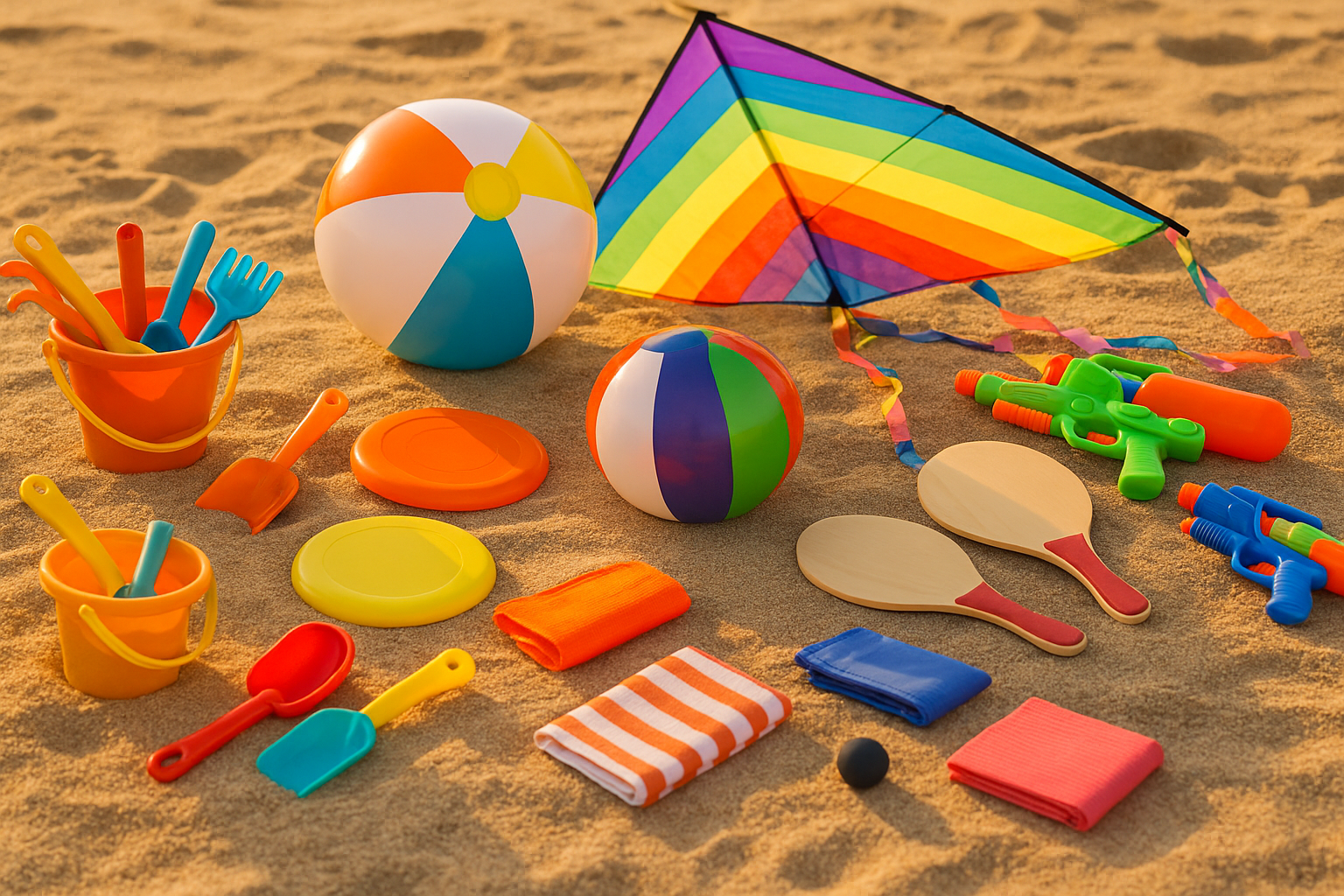 seau ballon cerf volant raquettes frisbees plage