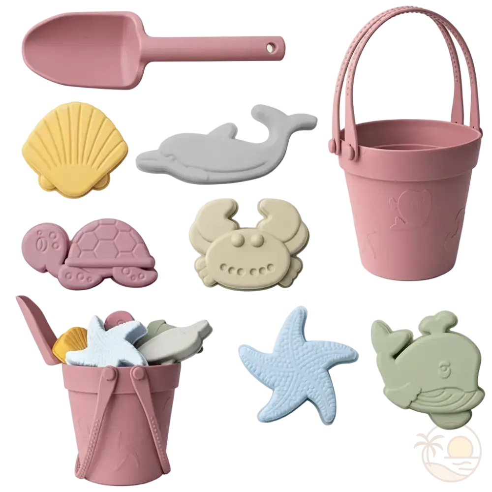 seau et pelle pour la plage rose