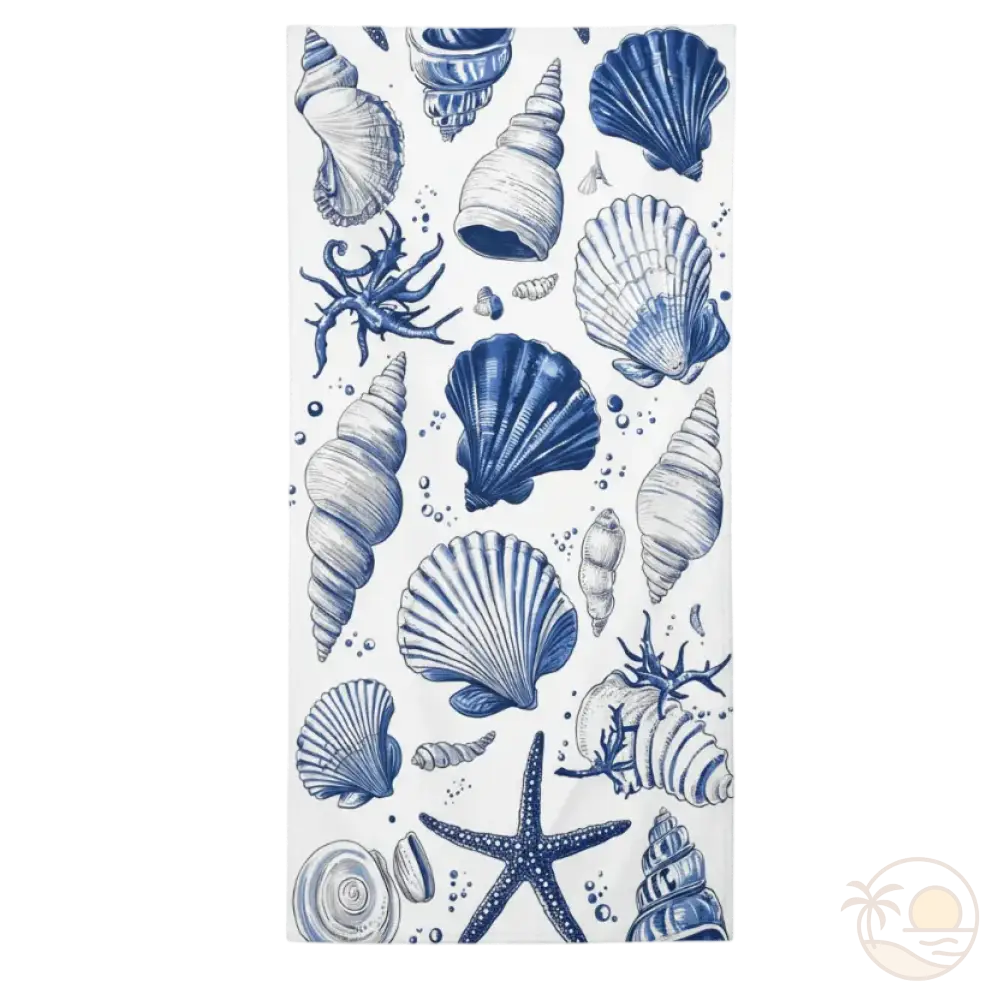 serviette de plage coquillage blanc bleu