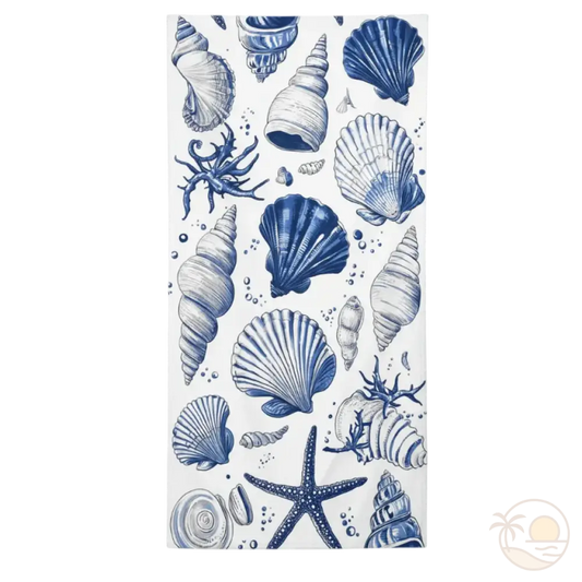 serviette de plage coquillage blanc bleu