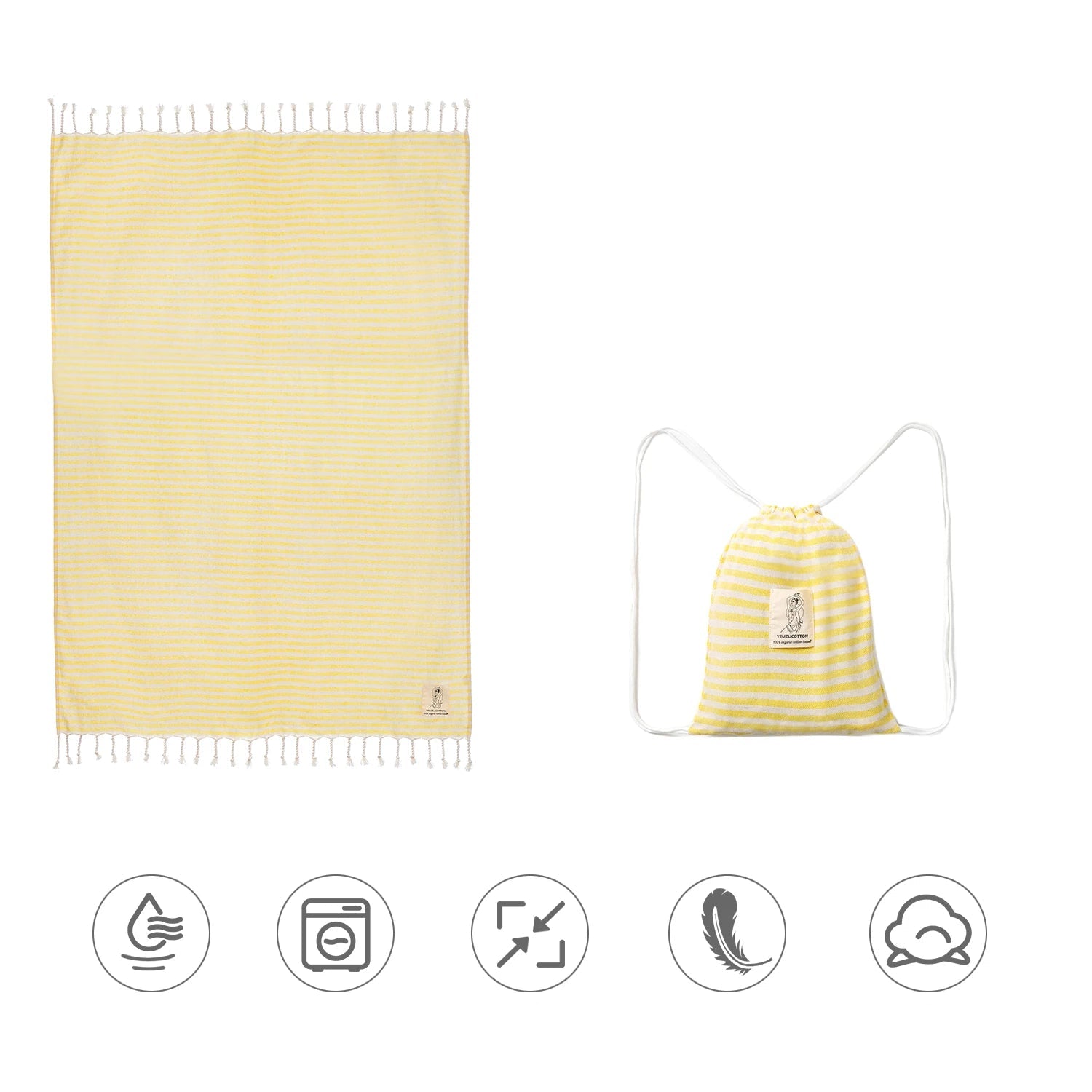 serviette de plage fouta roulee sac jaune