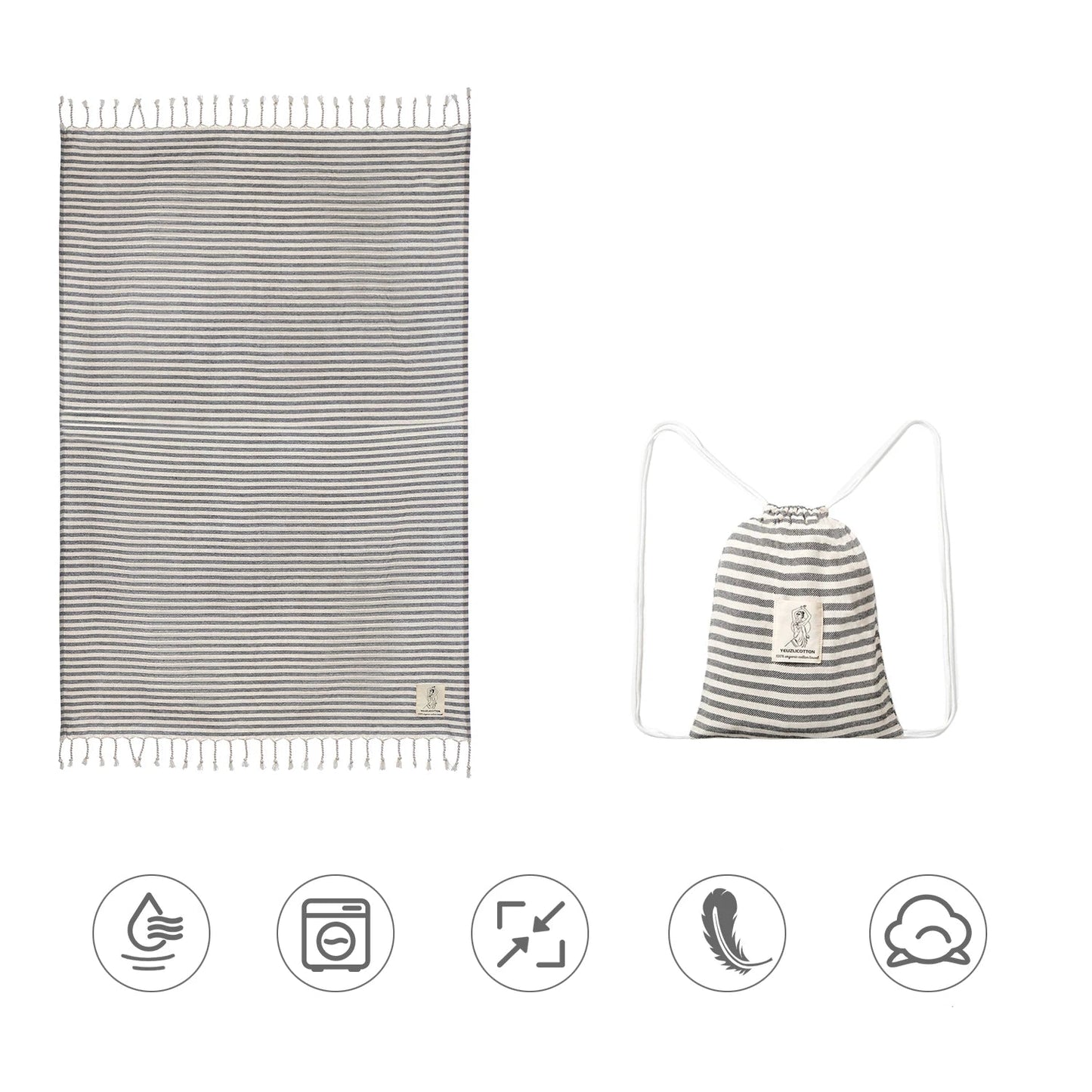 serviette de plage fouta roulee sac noir