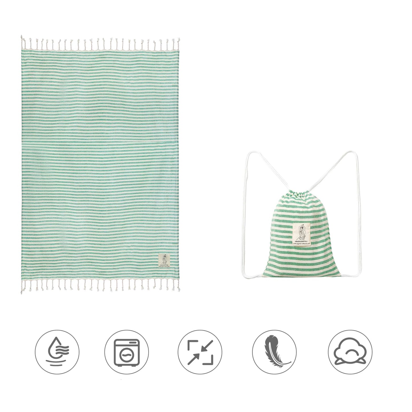 serviette de plage fouta roulee sac vert