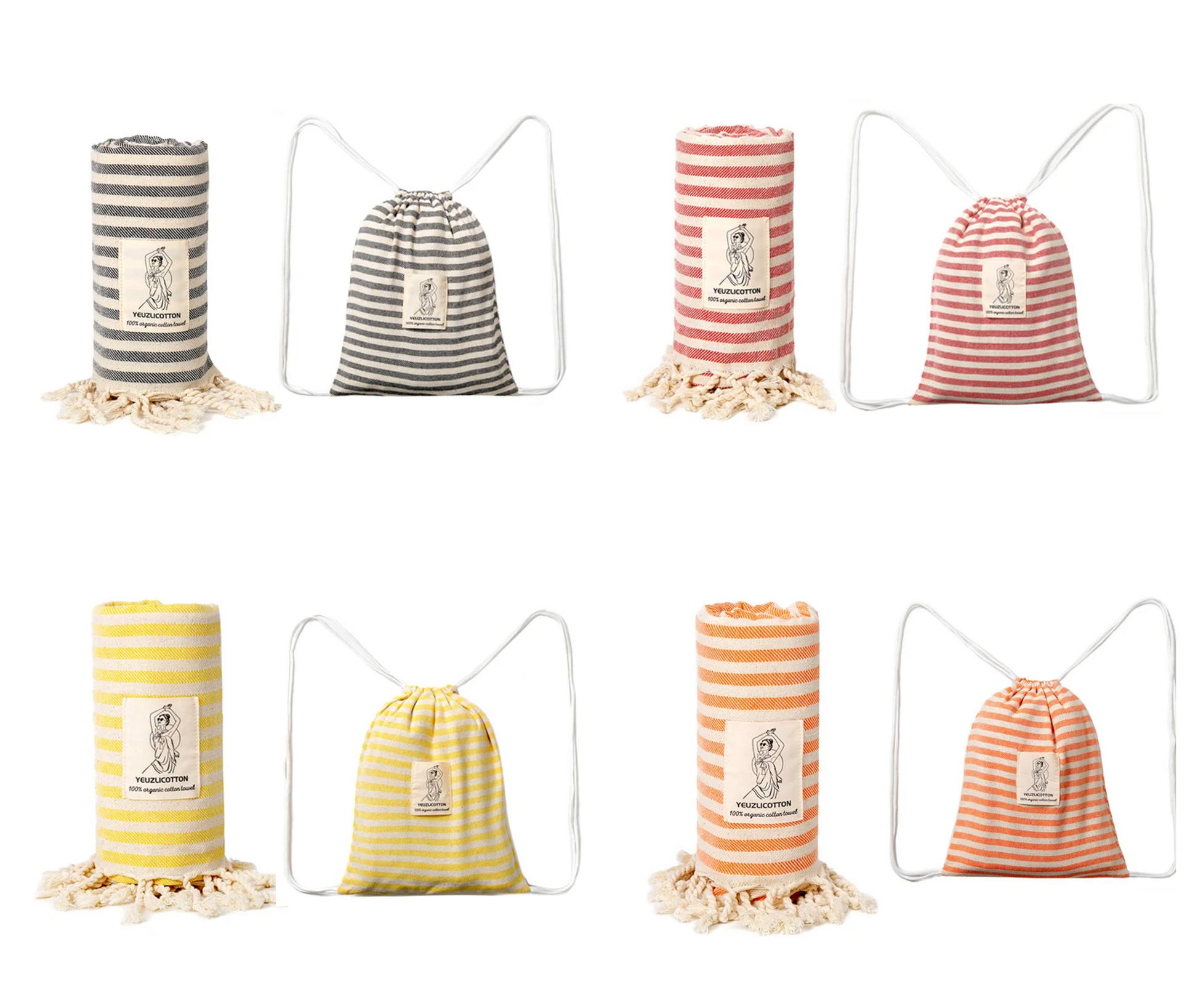 serviette de plage fouta roulees sac rouge noir orange jaune