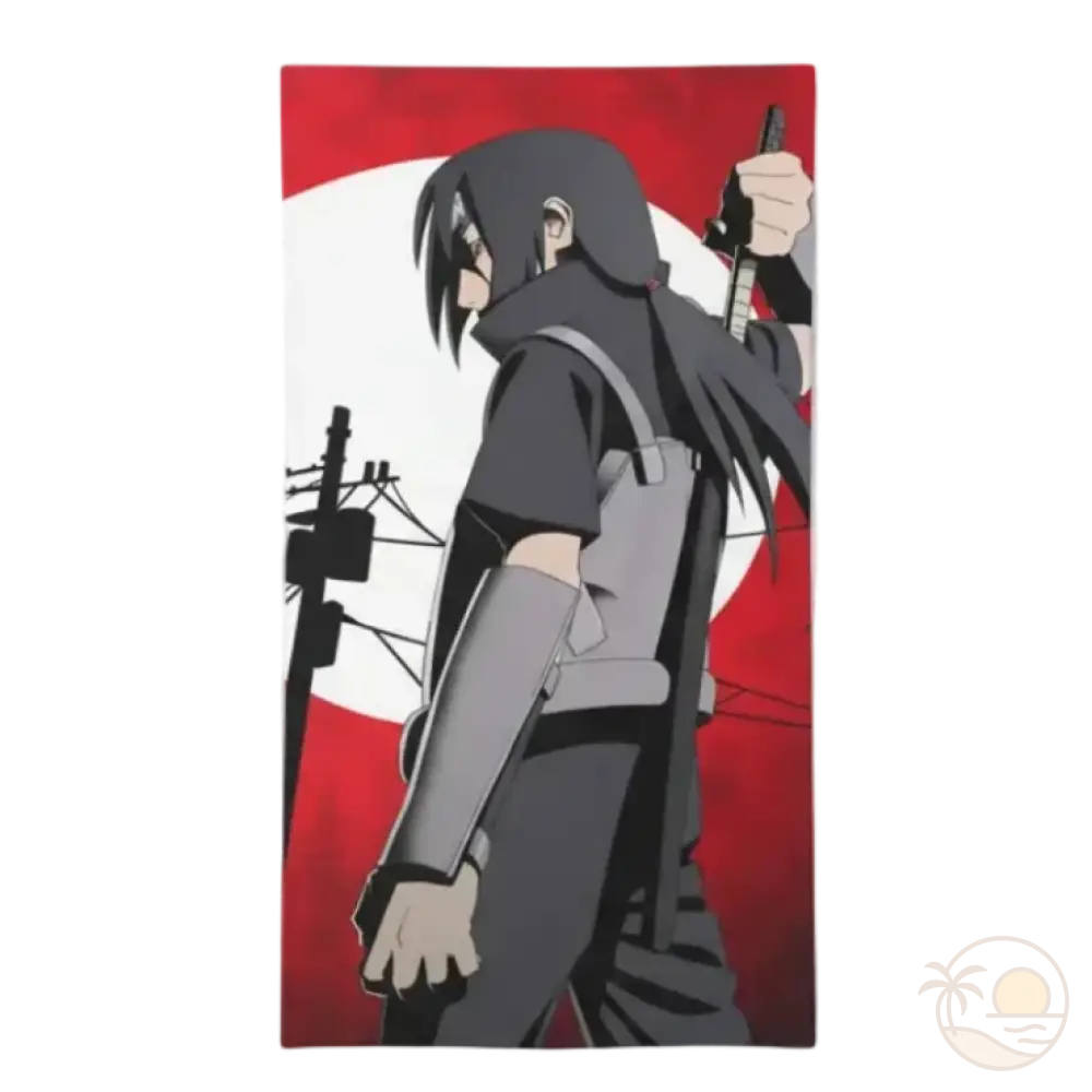 serviette de plage naruto itashi uchiwa fond rouge katana