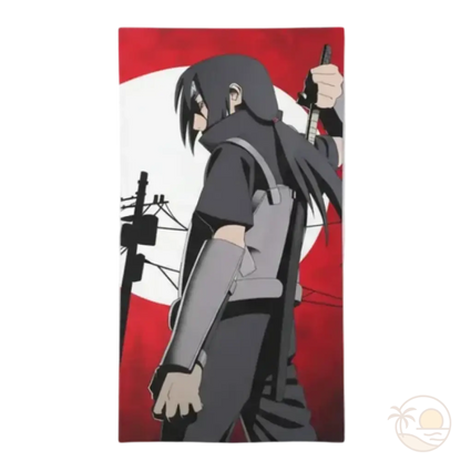 serviette de plage naruto itashi uchiwa fond rouge katana