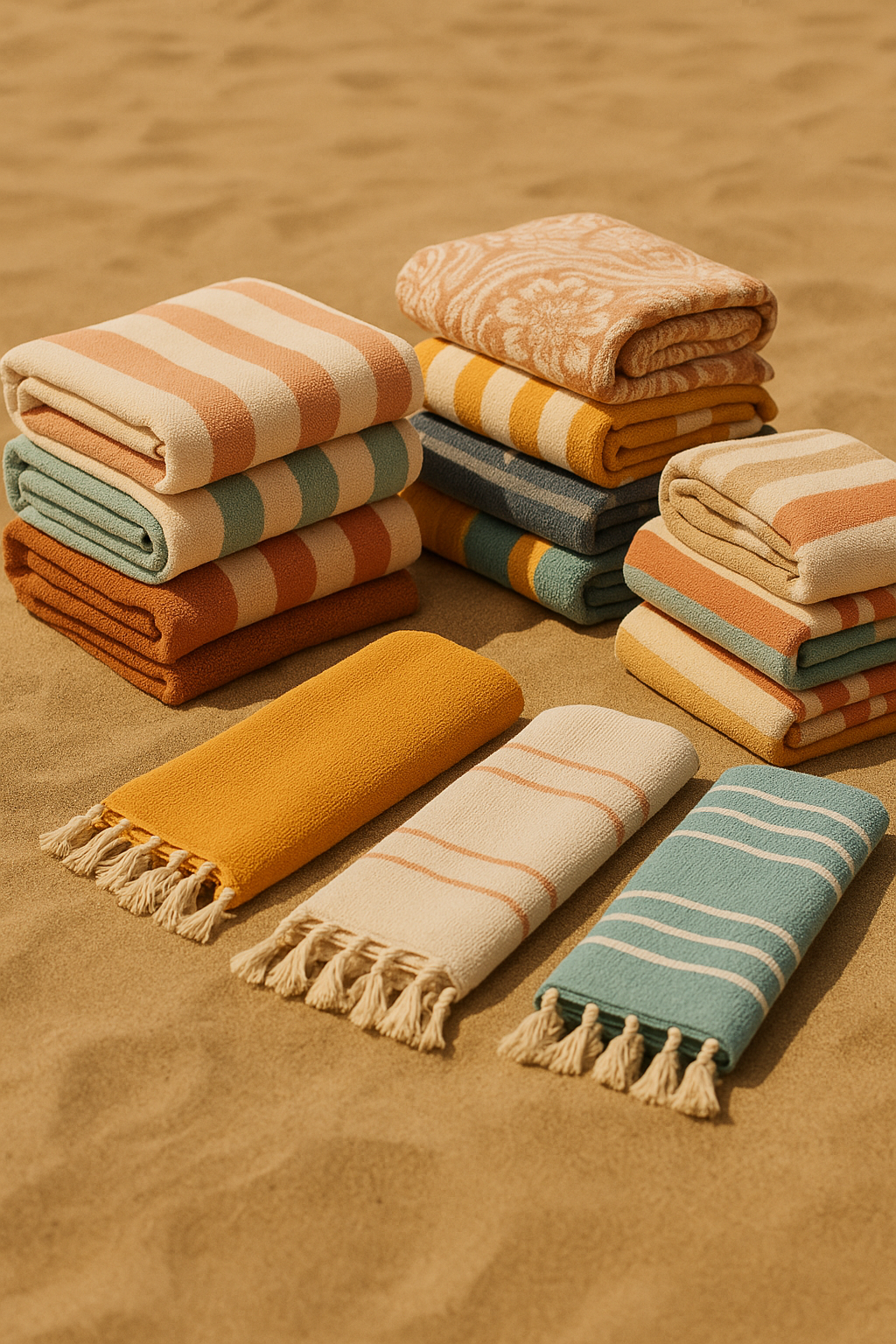 serviettes de plage pliees sable