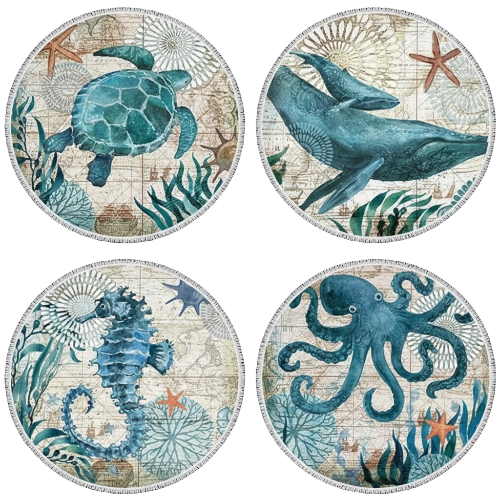 serviettes de plage rondes tortue baleine hippocampe pieuvre