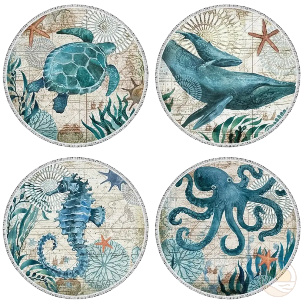 serviettes de plage rondes tortue baleine hippocampe pieuvre