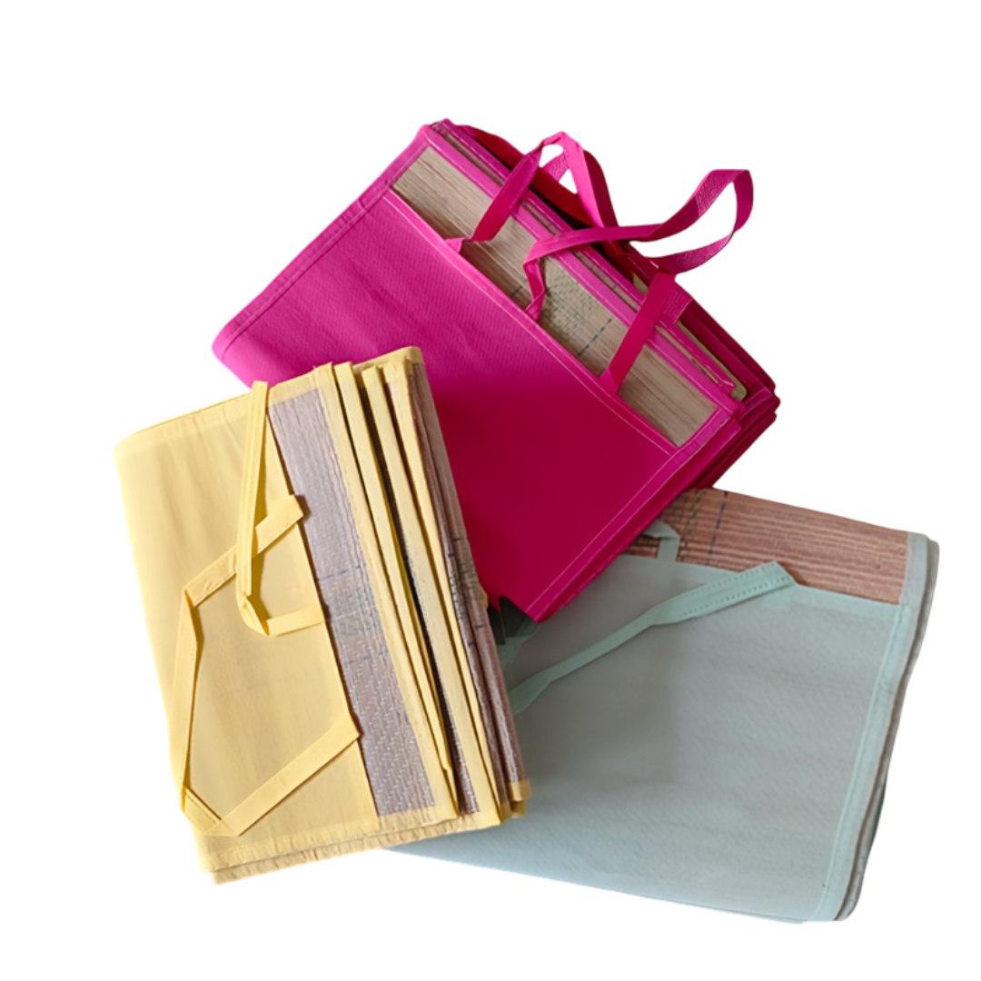 tapis de plage en paille rose bleu jaune plies