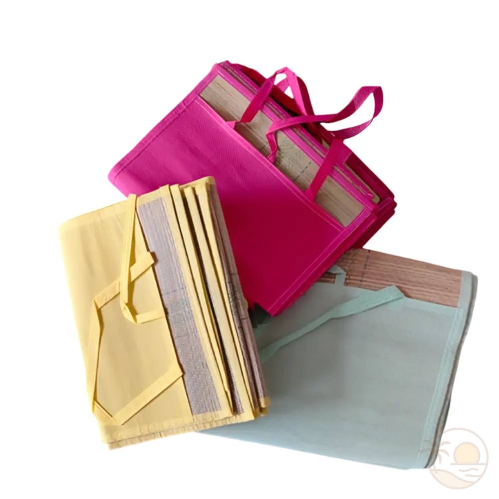 tapis de plage en paille rose bleu jaune plies