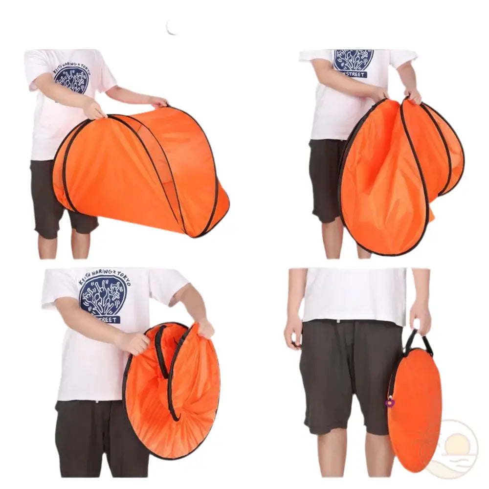 tente de plage pliable orange pliee