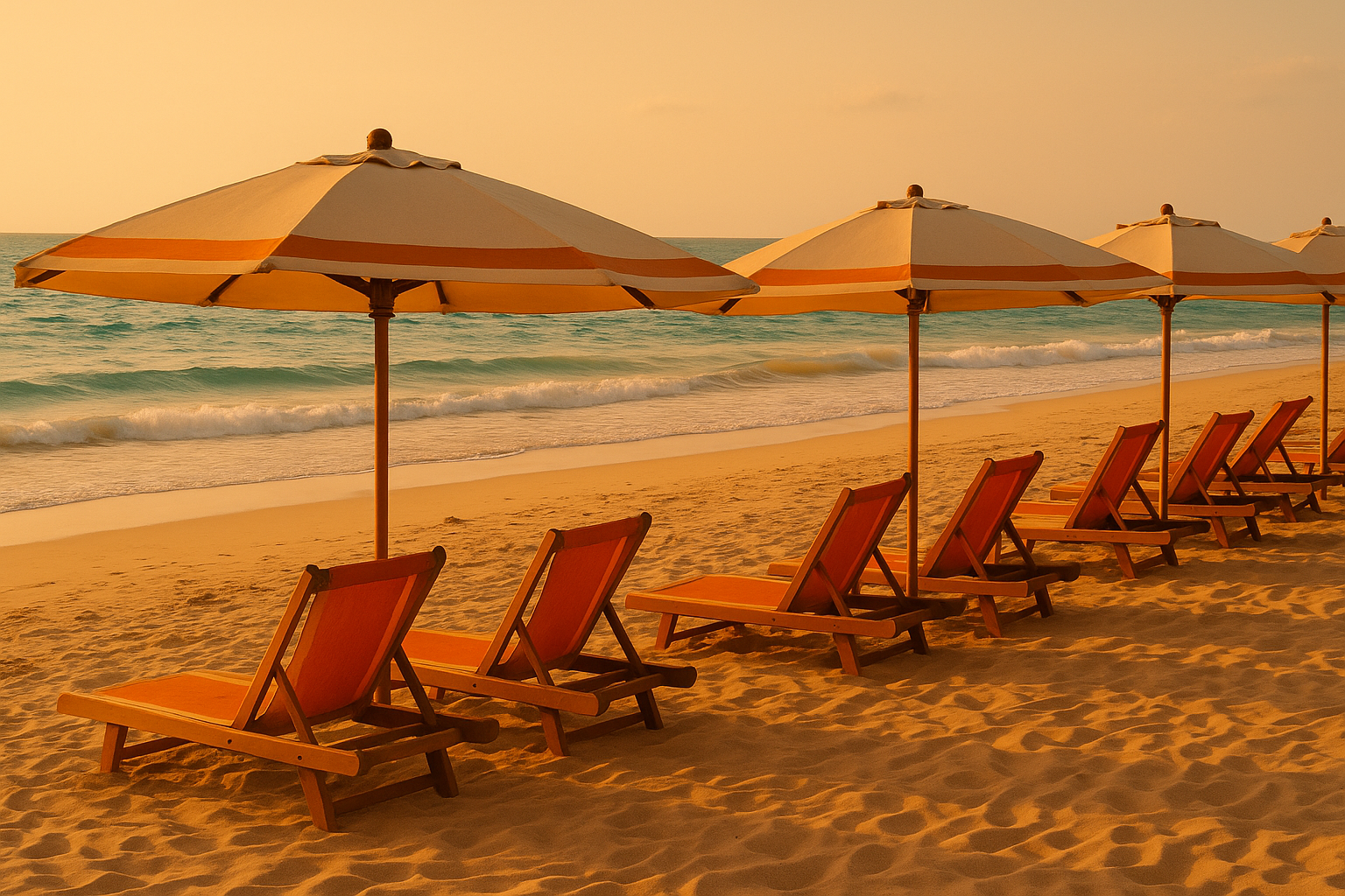 transats parasols plage coucher de soleil